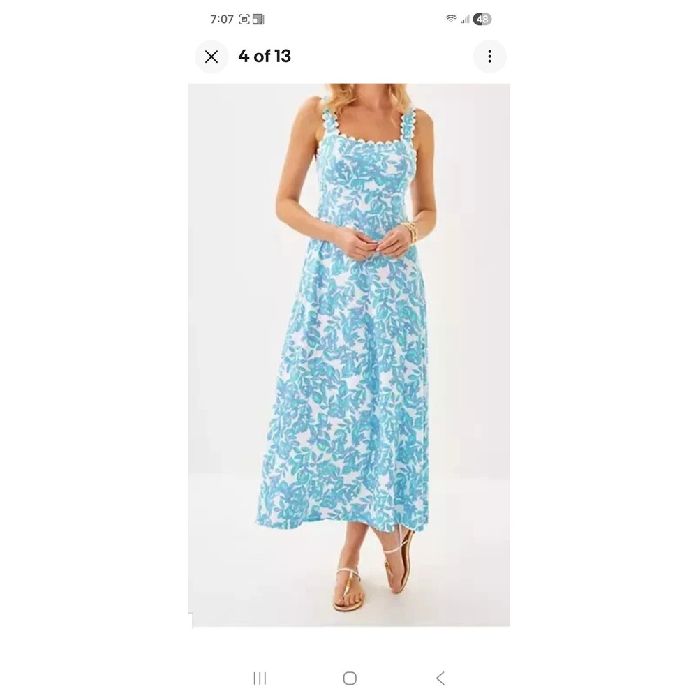 Lilly Pulitzer Blue White Floral Rickrack Maxi Dress Smocked Back Womens Medium